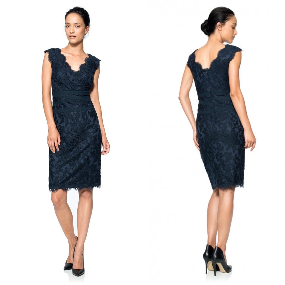 Tadashi Shoji 10 Navy Lace Sheath Dress V Neck